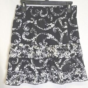 White House Black Market Tiered Skirt, Floral Black and White, Womens Size Small